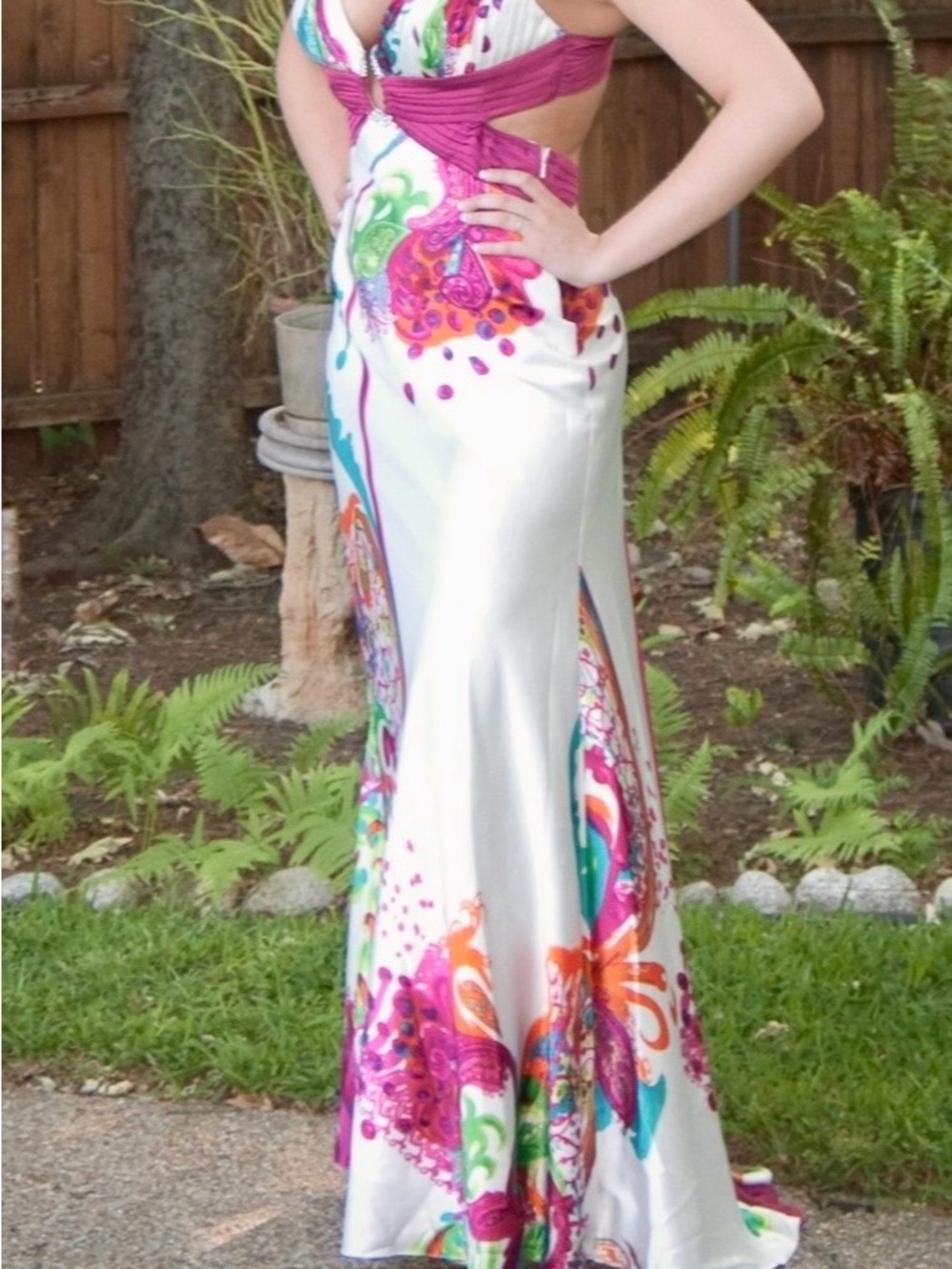 Caché White Multi-Color Cutout Maxi Formal Evening Dress